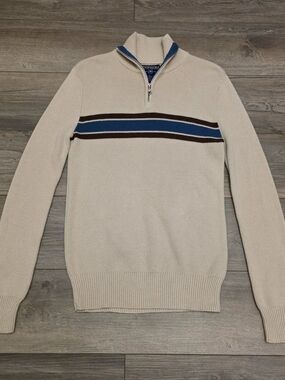 Aeropostale Men's Cream Half-Zip Sweater with Blue & Brown Stripes